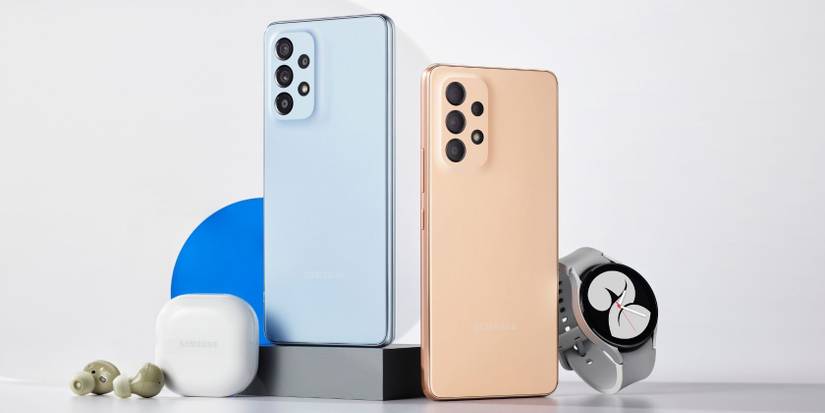 Galaxy A53 5G in Awesome Blue and Awesome Peach colors