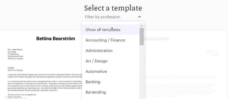 قالب نامه پوششی Kick Resume با دسته‌بندی‌های صنعتی