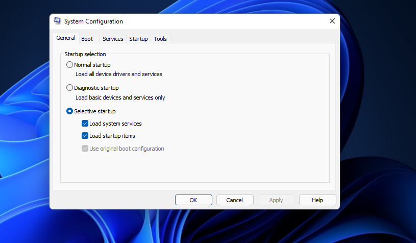 The Load startup items option 
