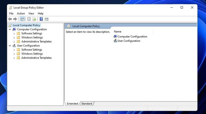 The Local Group Policy Editor window 