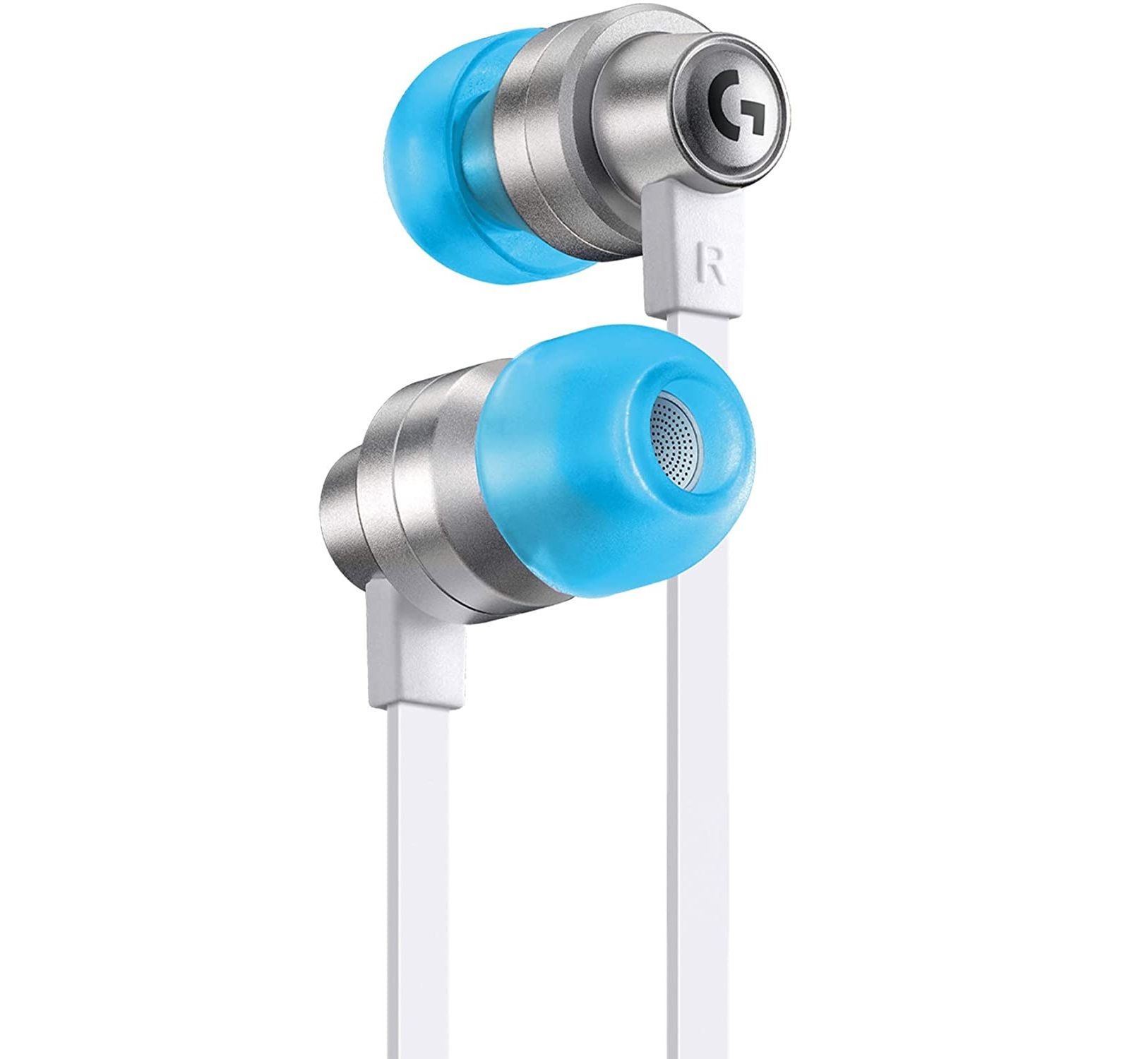 silver, white, and blue earbuds with Logitech logo