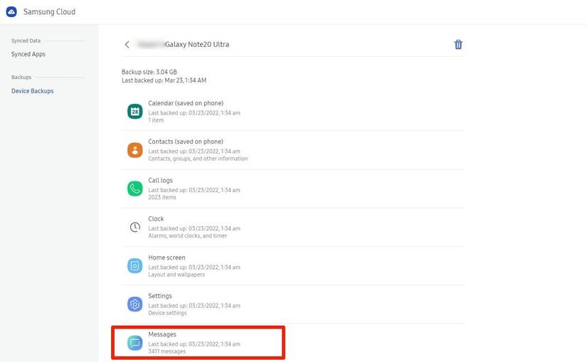 samsung cloud back messages