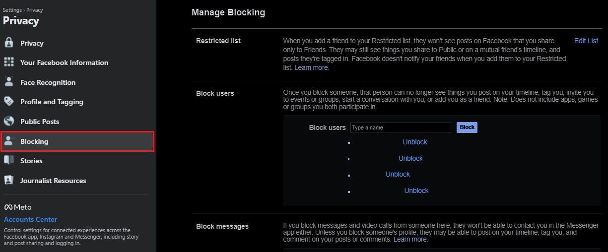 screenshot of Facebook blocked list