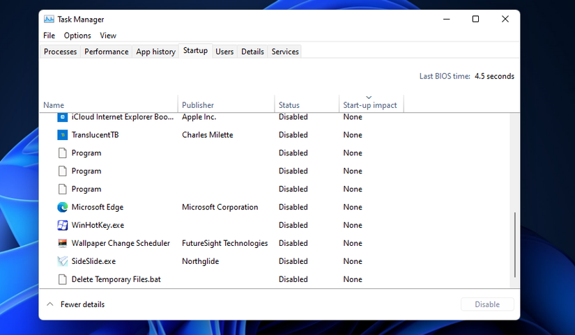 The Startup tab