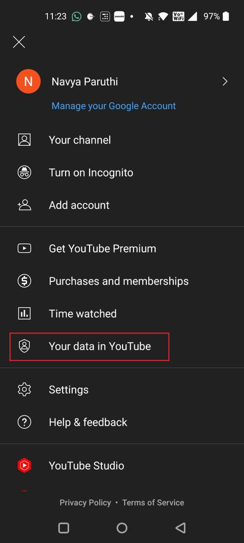 Tap on Your data in YouTube