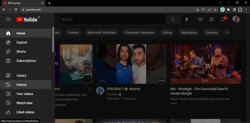 Tap History on YouTube Your Dashboard