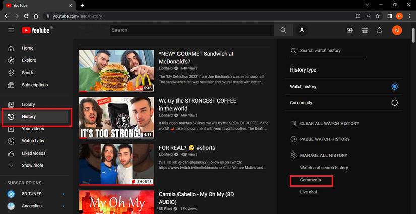 Tap Comments Under Manage All History
