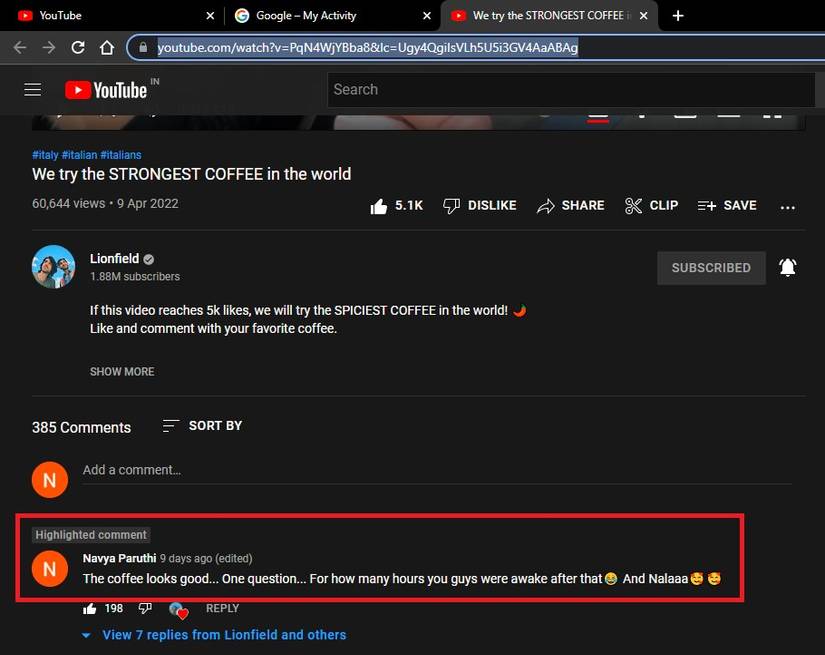 Video Page Opens with Highlighted Comment
