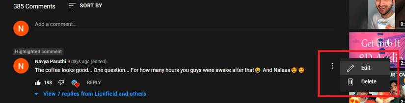 Edit and Delete Options for YouTube Comment
