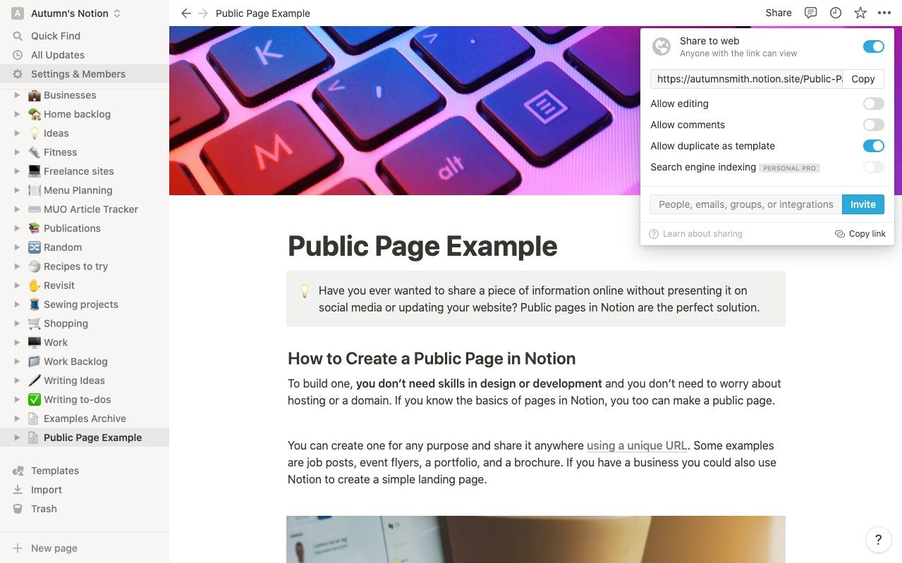 Notionのページ共有・公開設定画面。URLでの共有やWeb公開の設定が表示されている