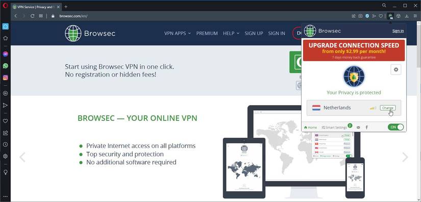 A Screenshot of the Browsec VPN Addon in Use