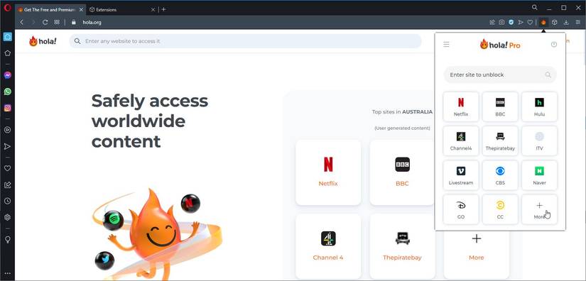 A Screenshot of the Hola VPN Addon in Use