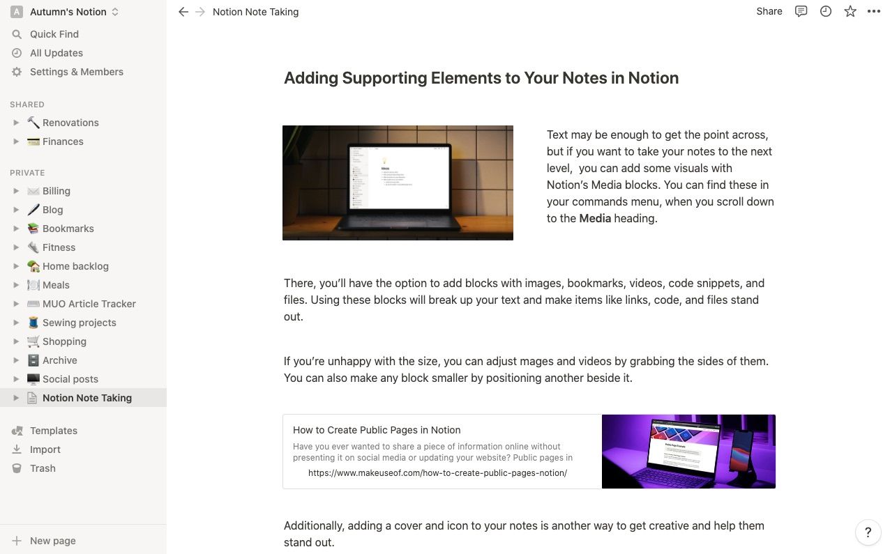 Notionのページ編集画面。テキストブロックと画像ブロックが並んでいる