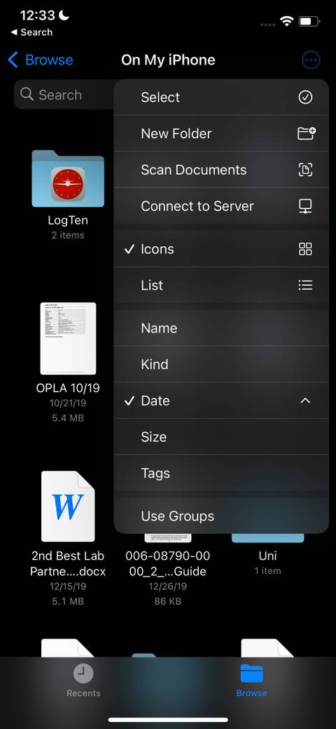 Sort Menu in the Files app