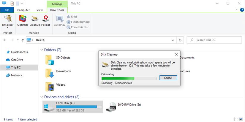 Running the Disk Cleanup tool.