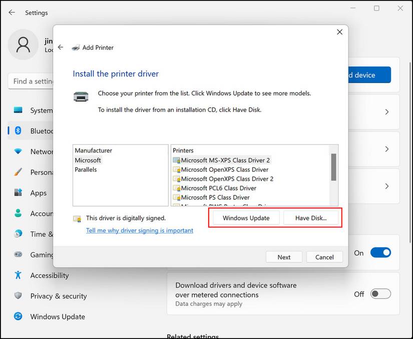 Windows 11 add printer via Bluetooth and devices settings Windows Update driver installation screen