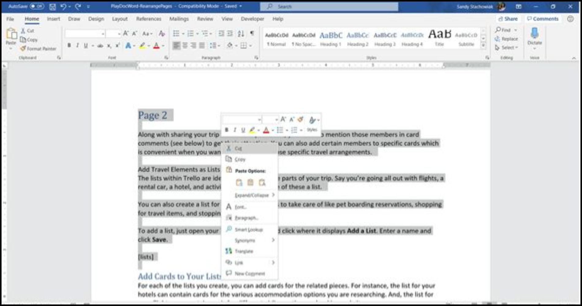 Cut and paste options in MS-Word