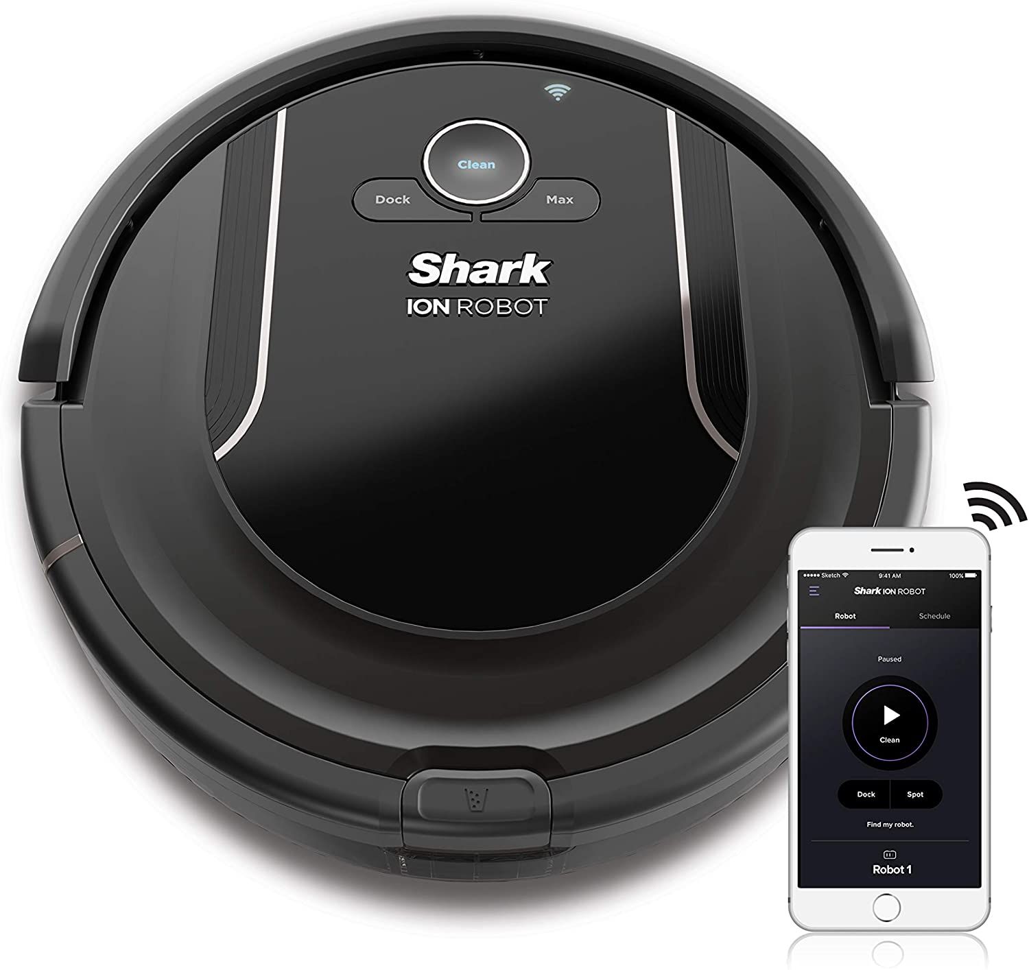 A profile view of a robot vacuum and companion app