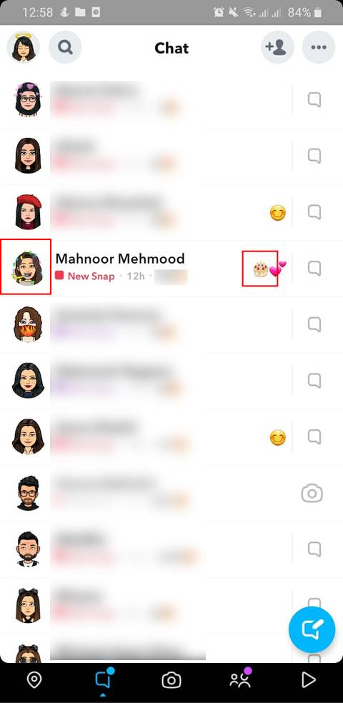 bitmoji and cake emoji highlighted on snapchat