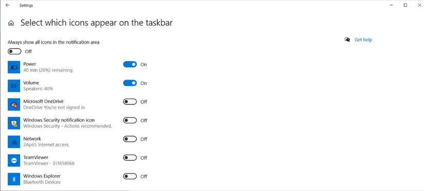 Taskbar settings in Windows 10.