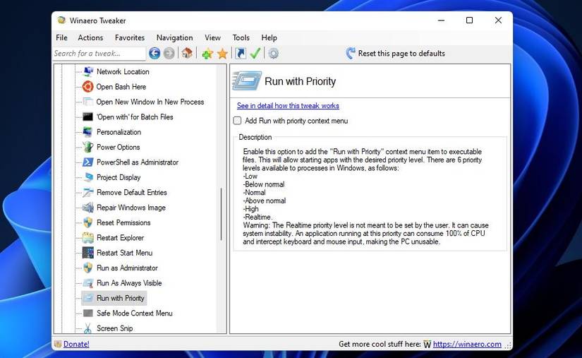 The Run with Priority option 