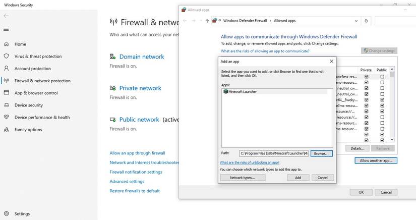 Adding Minecraft Launcher in the List of Allowed Apps in Windows Defender Firewall Launcher