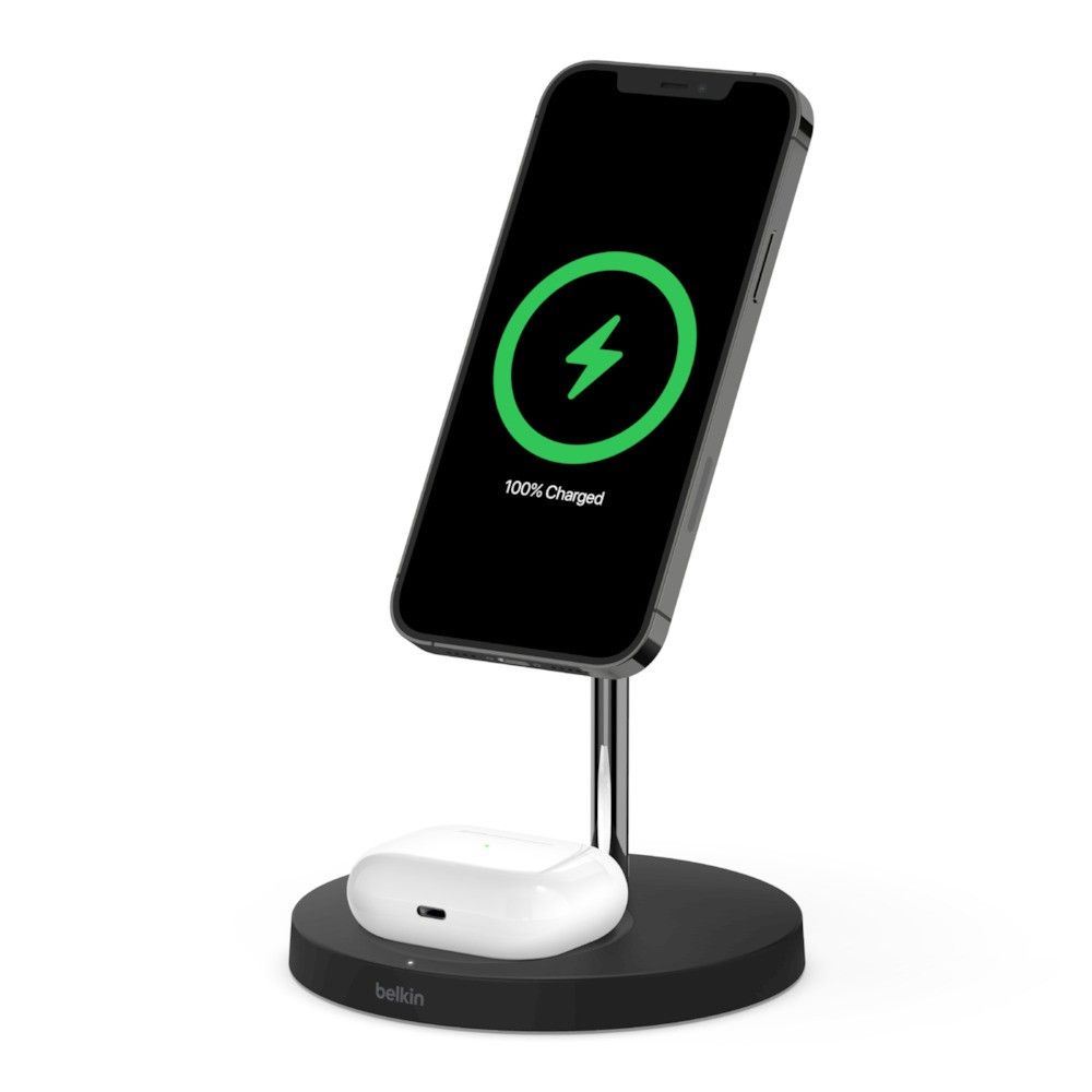 Belkin BOOSTCHARGE PRO 2-in-1 Wireless Charger Stand with MagSafe charging an iPhone and AirPods