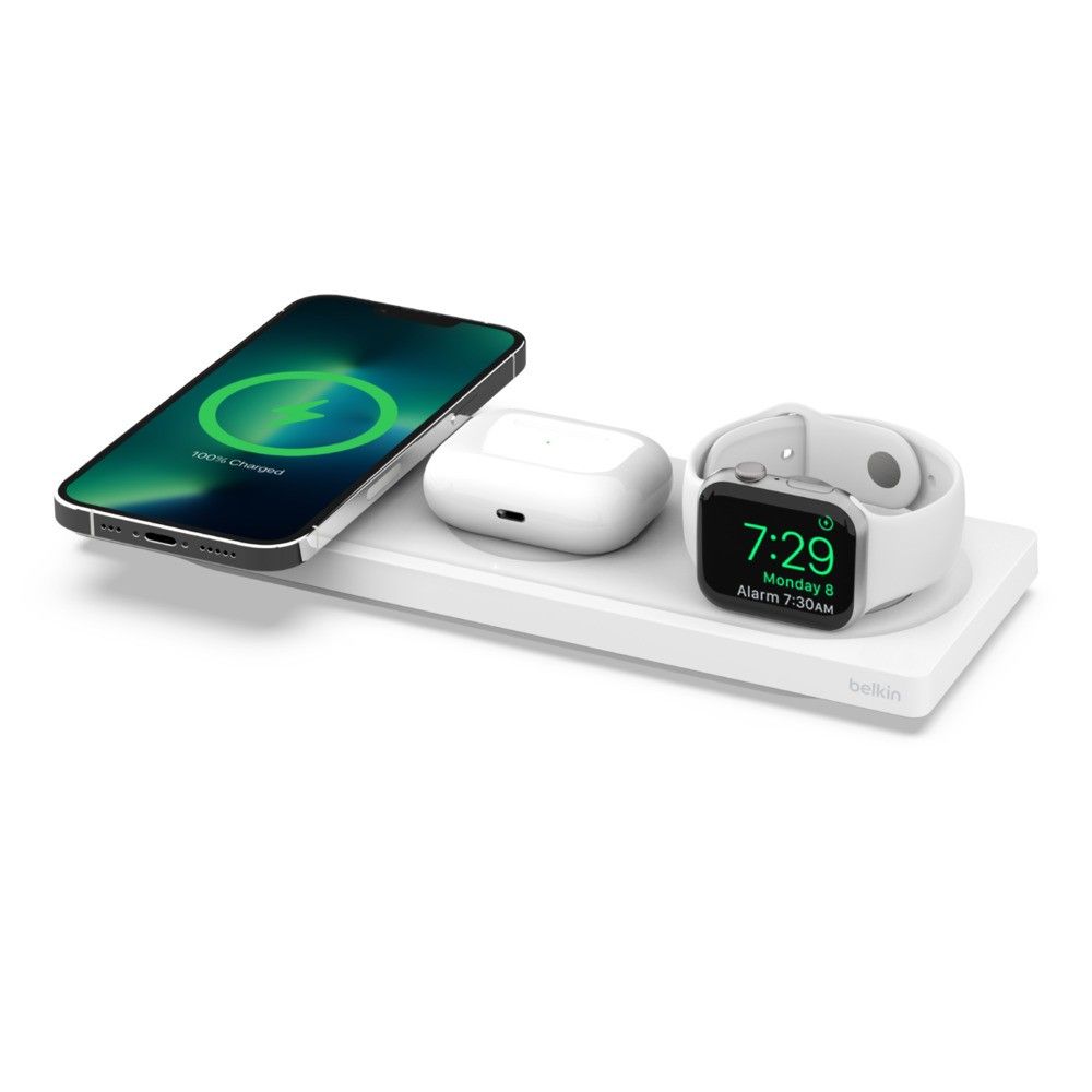Belkin BOOSTCHARGE PRO 3-in-1 Wireless Charging Pad with MagSafe charging an iPhone, AirPods, and Apple Watch