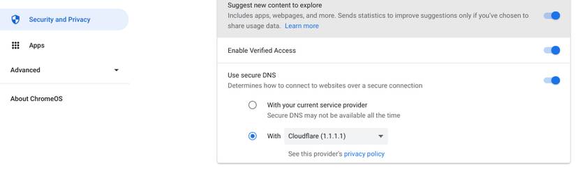 Changing the DNS in Security and Privacy Menu in Chromebook Settings