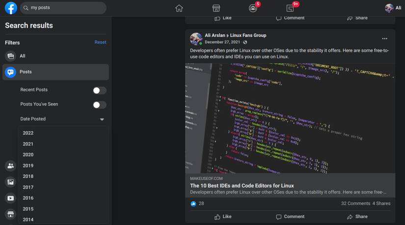 Facebook posts search result by year