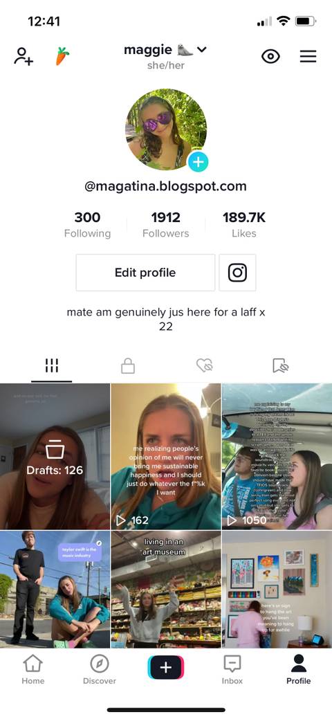 Screenshot of a TikTok profile page: magatina.blogspot.com with drafts visible