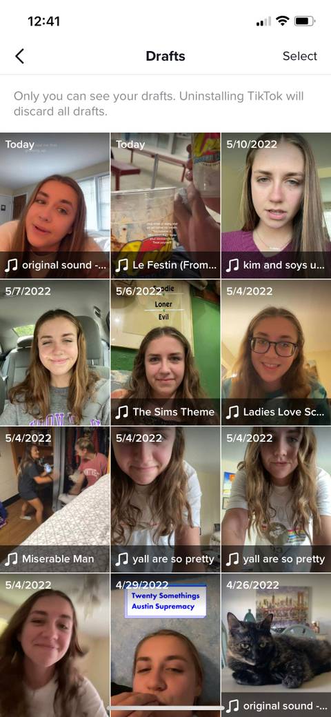 Screenshot of TikTok Drafts page