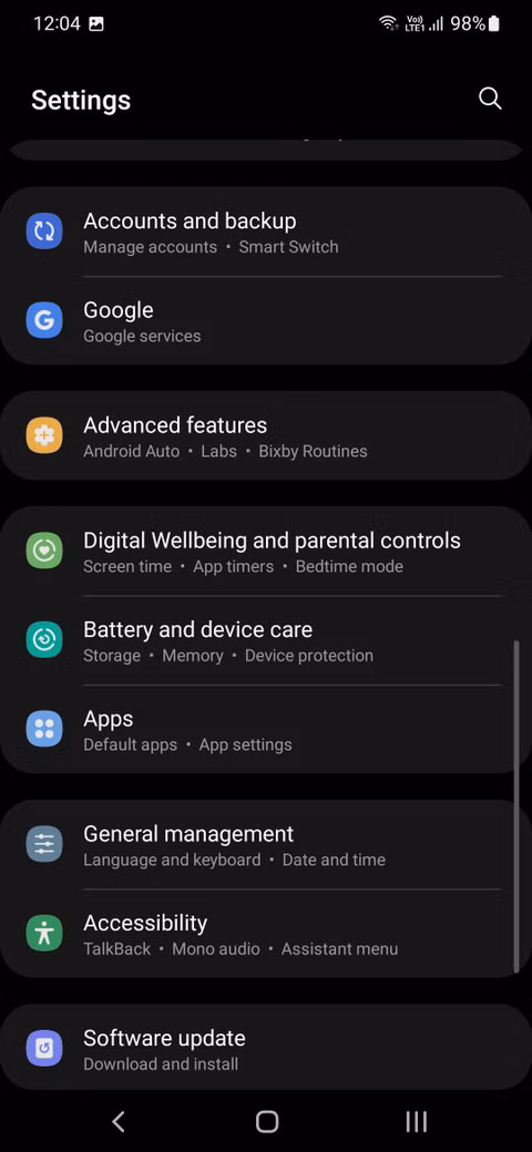 One UI settings menu