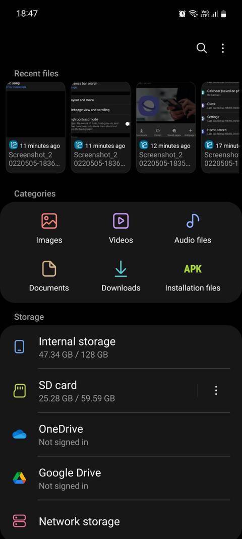 Samsung My Files main page