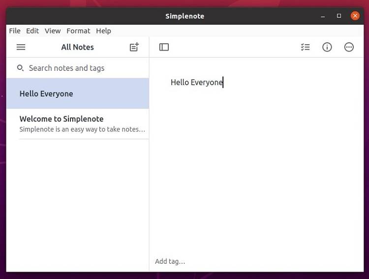 Simplenote UI Screen in Linux