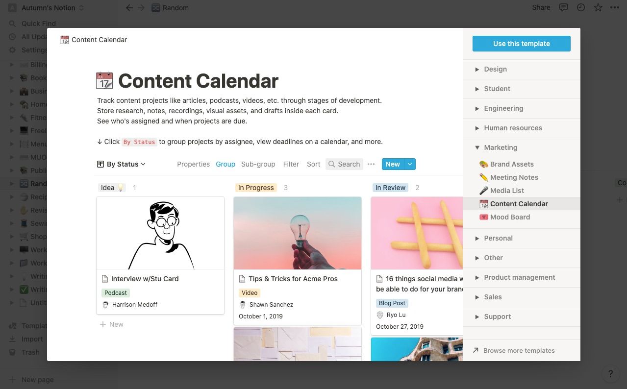 Notionのテンプレート選択画面。カテゴリごとにさまざまなテンプレートが並んでいる