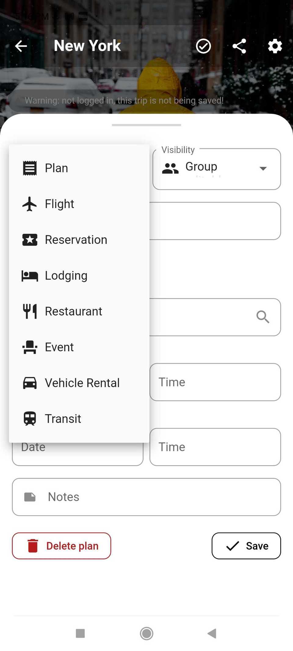 Plip lets you add details to each place you're visiting like GPS location, date, time, reservation or booking codes, and notes