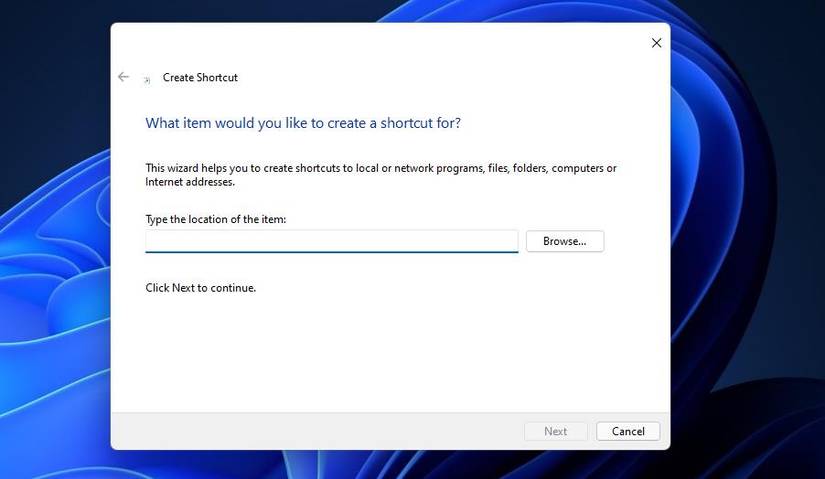 The Create Shortcut window 