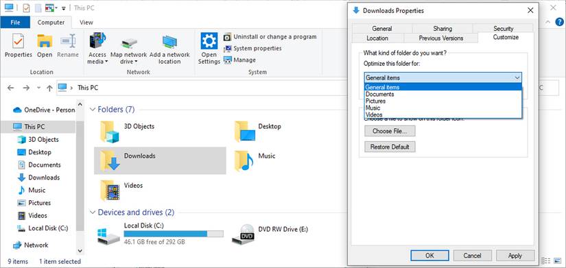Downloads folder settings