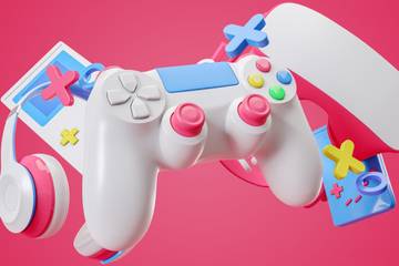 gamepad, headphones, and game console on a pink background