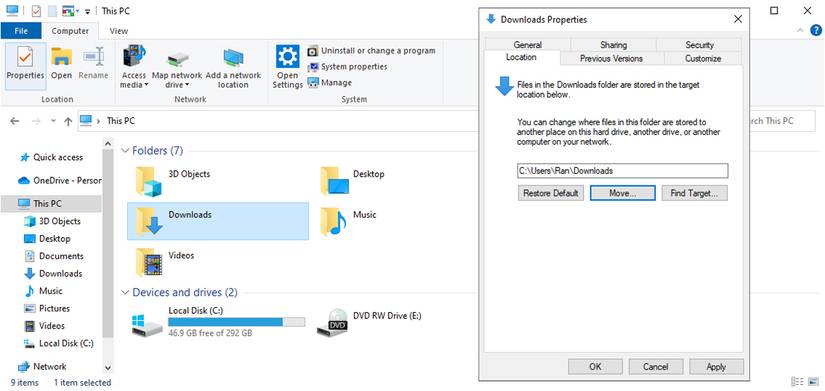 Folder properties in Windows 10