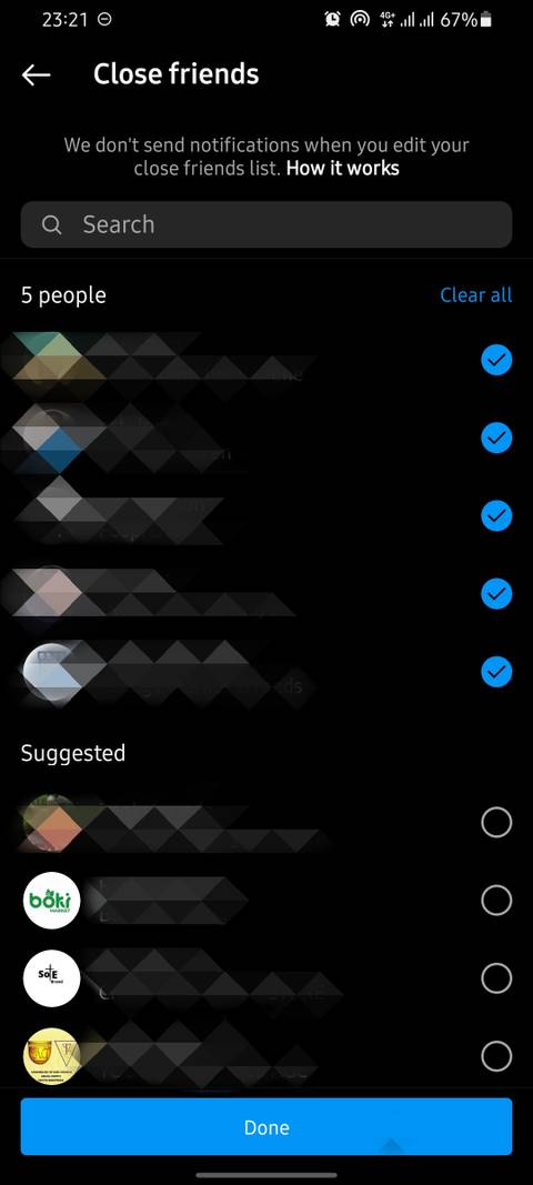 screenshot showing close friends page on Instagram