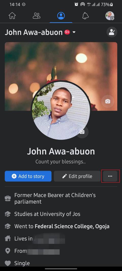 screenshot showing facebook profile page on facebook app