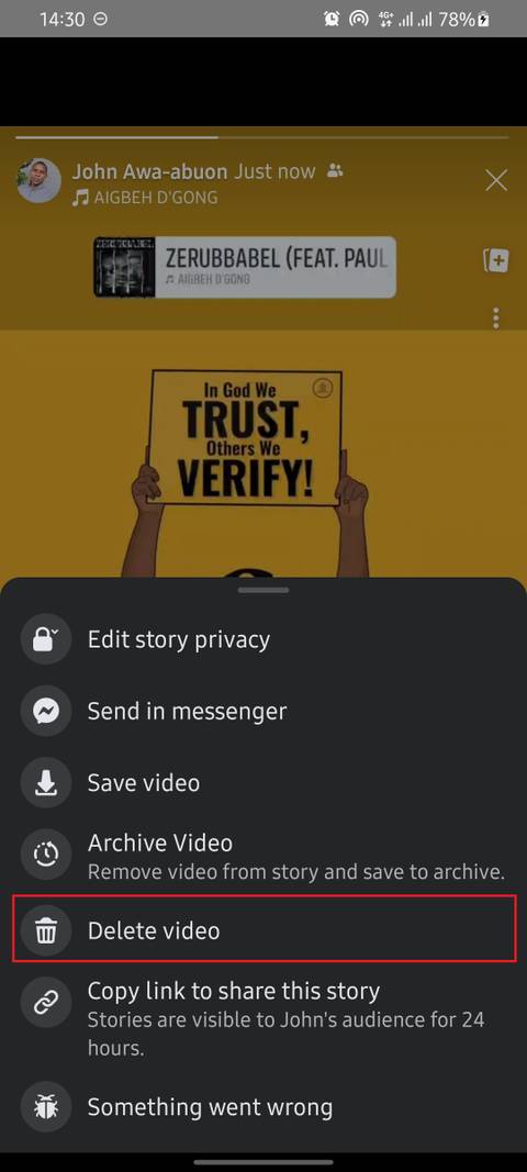 screenshot showing facebook story with options