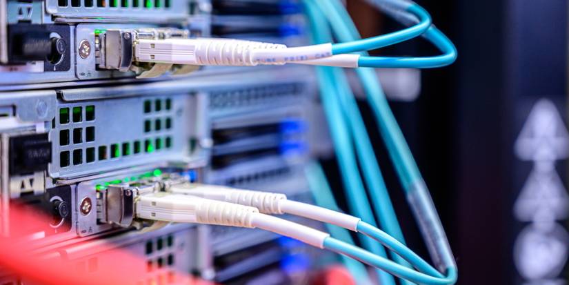 Servers with network cables plugged in