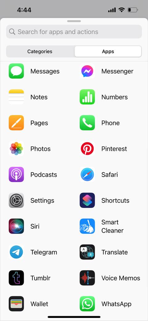 apps tab in iphone shortcuts