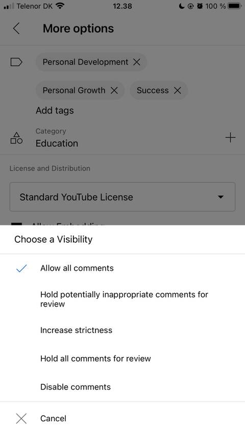 Choose Visibility on YouTube Studio iPhone