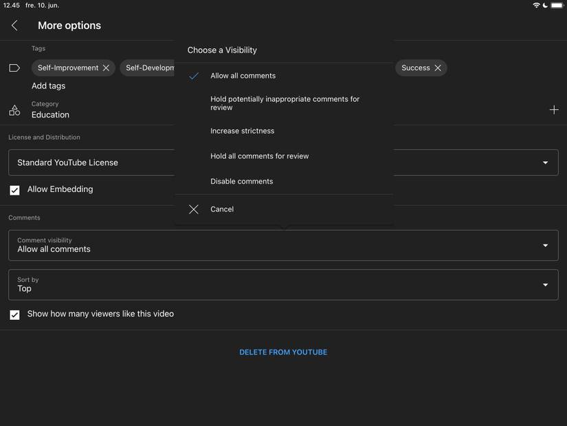 screenshot showing the commenting options on youtube studio for ipad