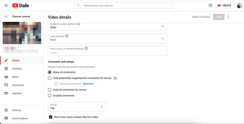 screenshot showing the comments and ratings option on youtube