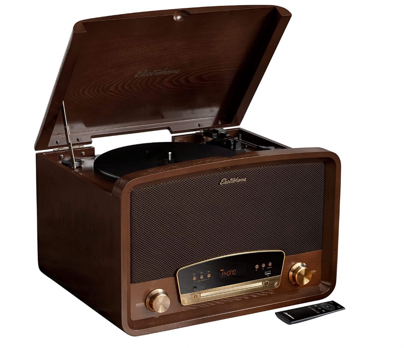 Full shot of the walnut colored Electrophome Kingston 7-in-One record player with lid up